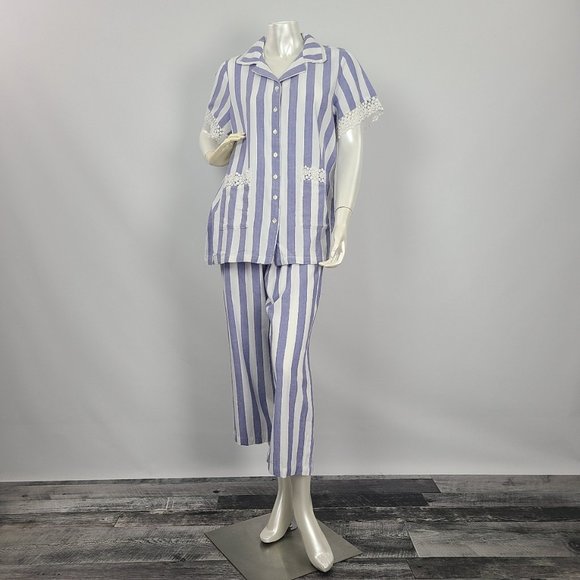 April Cornell Other - April Cornell Blue Striped Cotton Pajamas Set Lounge Wear Size M NWT